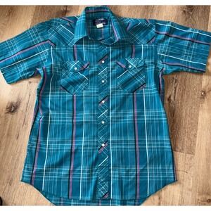 VTG Wrangler Cowboy‎ Cut Western Plaid Short Sleeve Shirt Teal Pink Mens size M